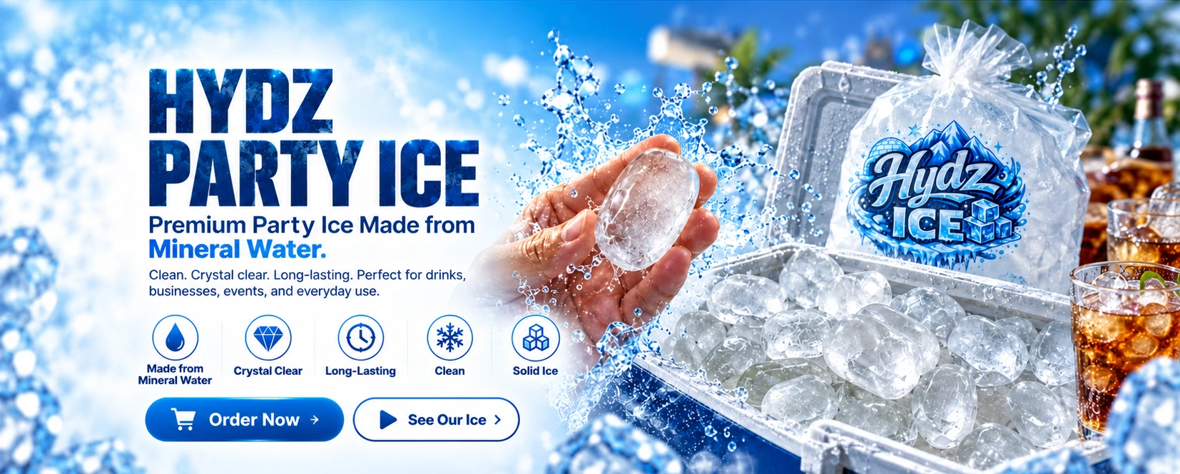 HYDZ PARTY ICE — premium mineral water ice for drinks, businesses, events and everyday use